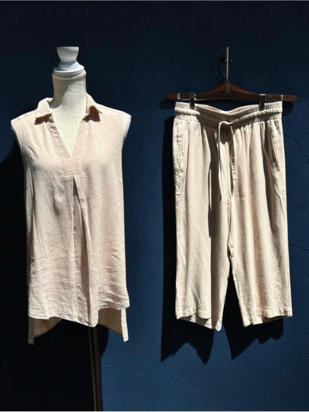 🌻 Sharagano Tan Bohemian Lagenlook Minimalist 2-Piece Top & Pants Set Size L